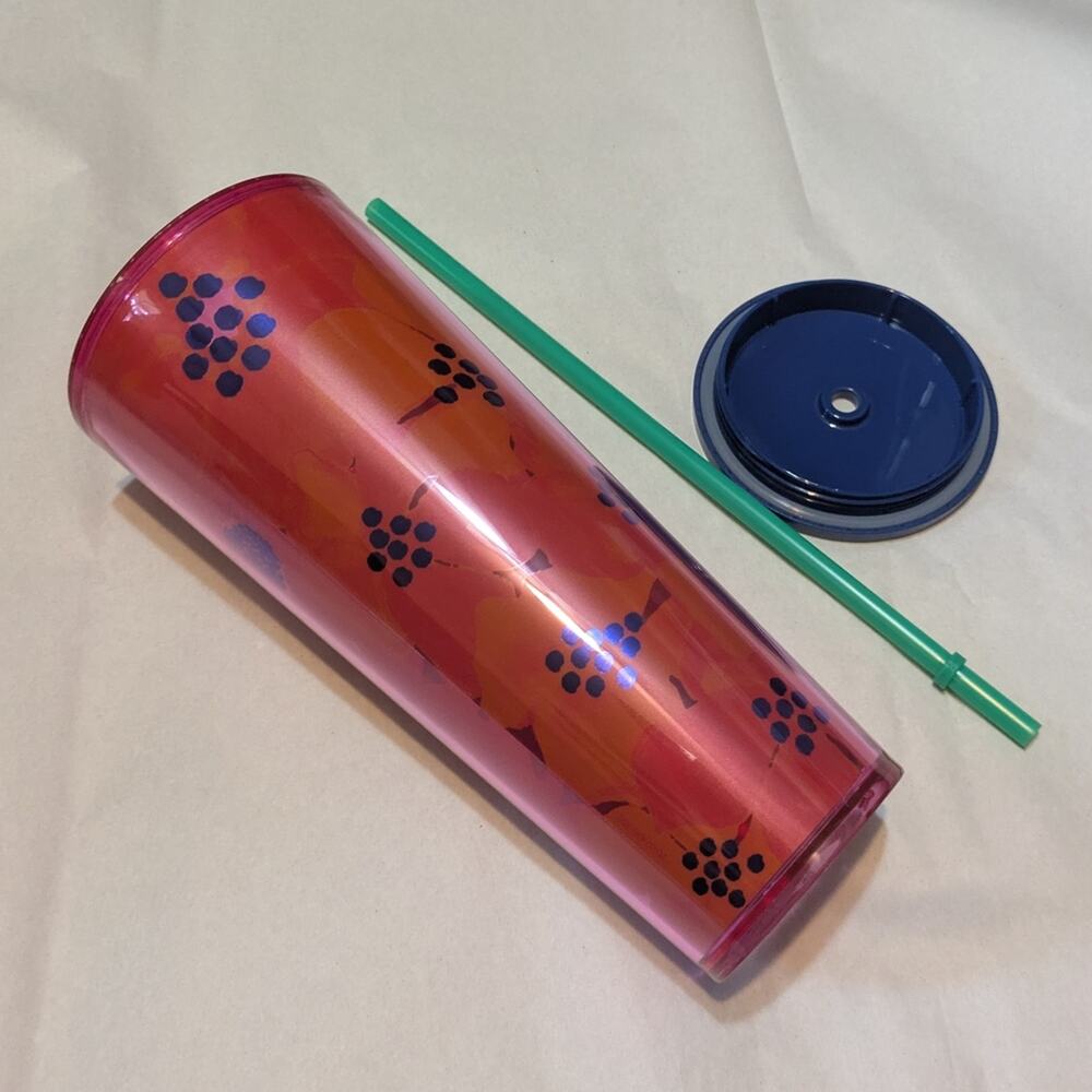 Starbucks Dancing Blooms Pink Floral Tumbler 24oz Blue Lid Green Straw NEW - Picture 6 of 7
